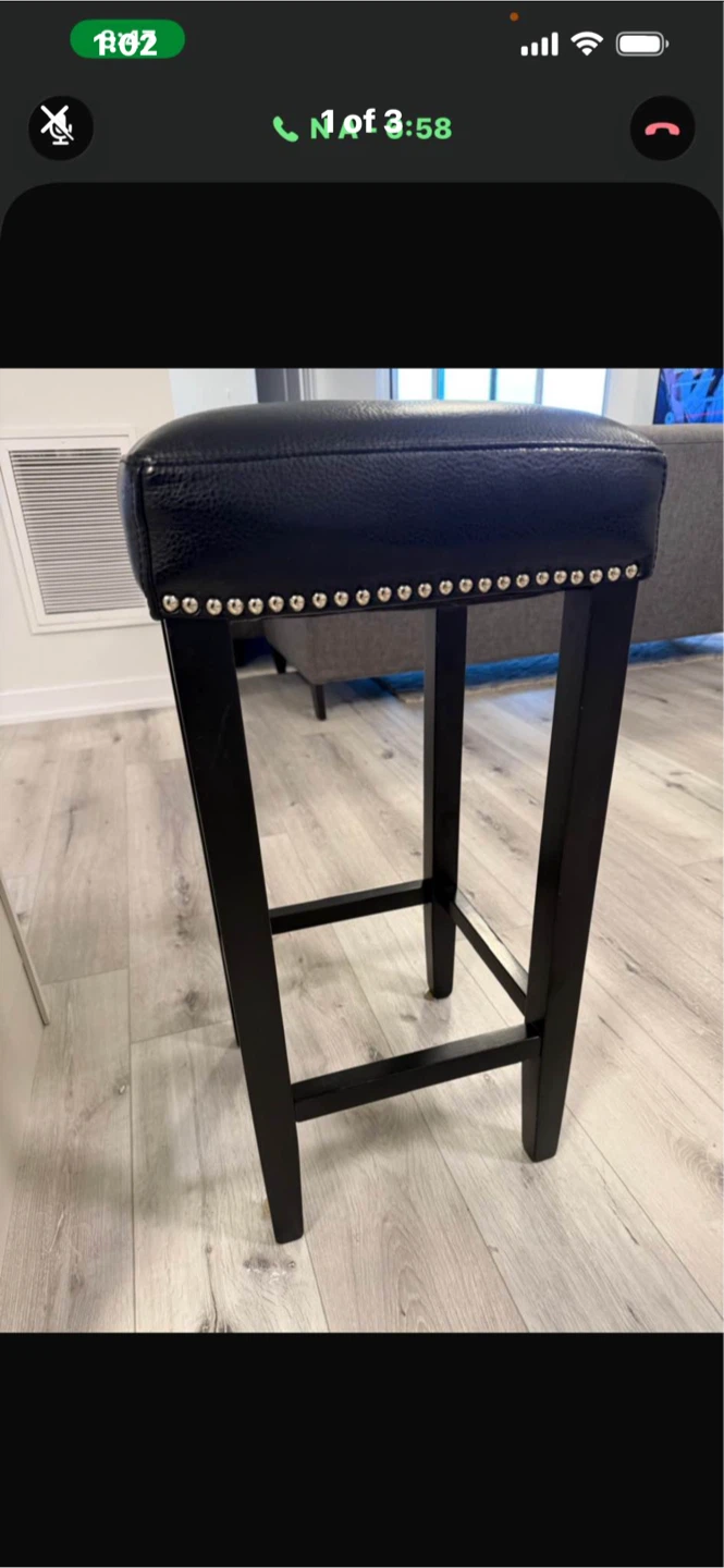 3 Black Leather Bar Stools with Silver Studs (Set of 3) - photo 2