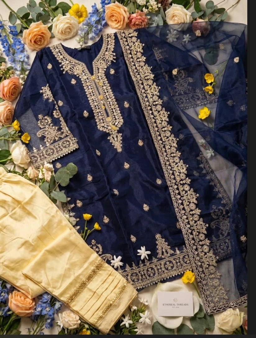 Ethereal Threads Navy Blue Embroidered 3-Piece Suit