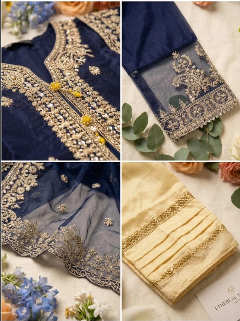 Ethereal Threads Navy Blue Embroidered 3-Piece Suit - photo 2