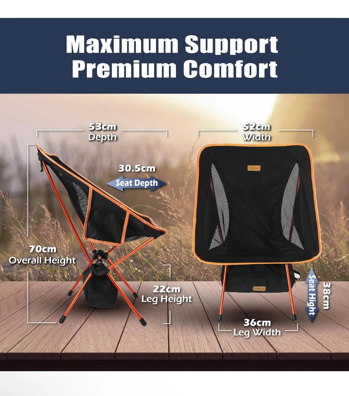 TREKLOGIC Portable Camping Chair - Black/Orange - photo 2
