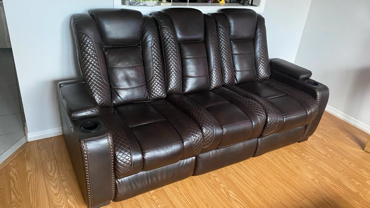 Brown Leather Loveseat Recliner with Cup Holders - photo 3