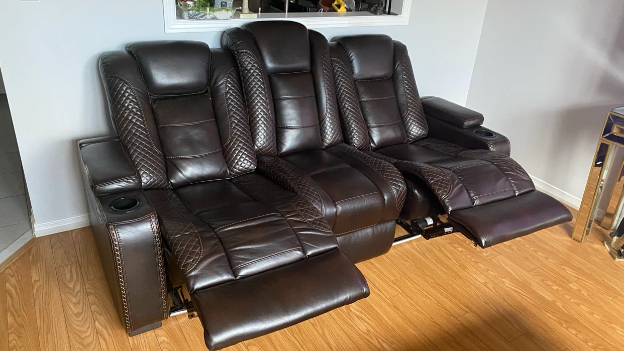 Brown Leather Loveseat Recliner with Cup Holders - photo 4