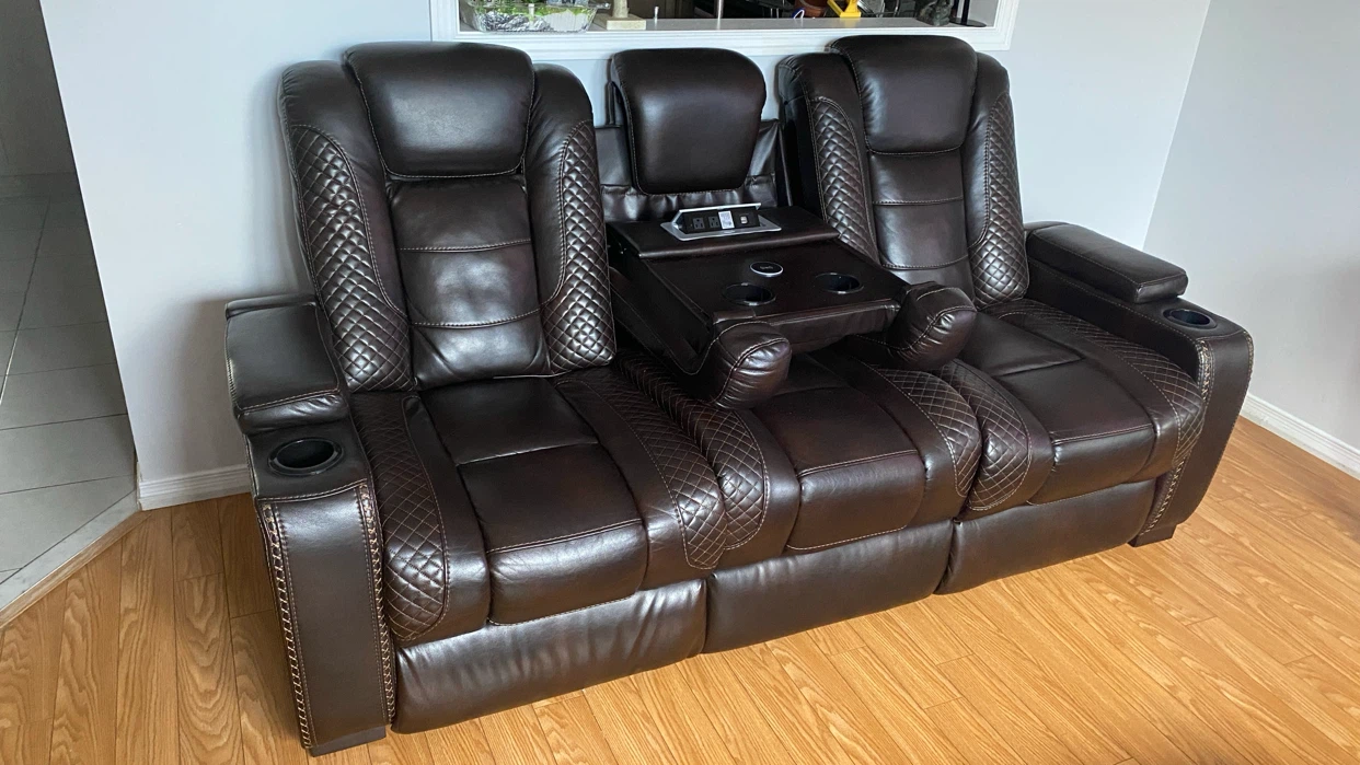 Brown Leather Loveseat Recliner with Cup Holders - photo 5