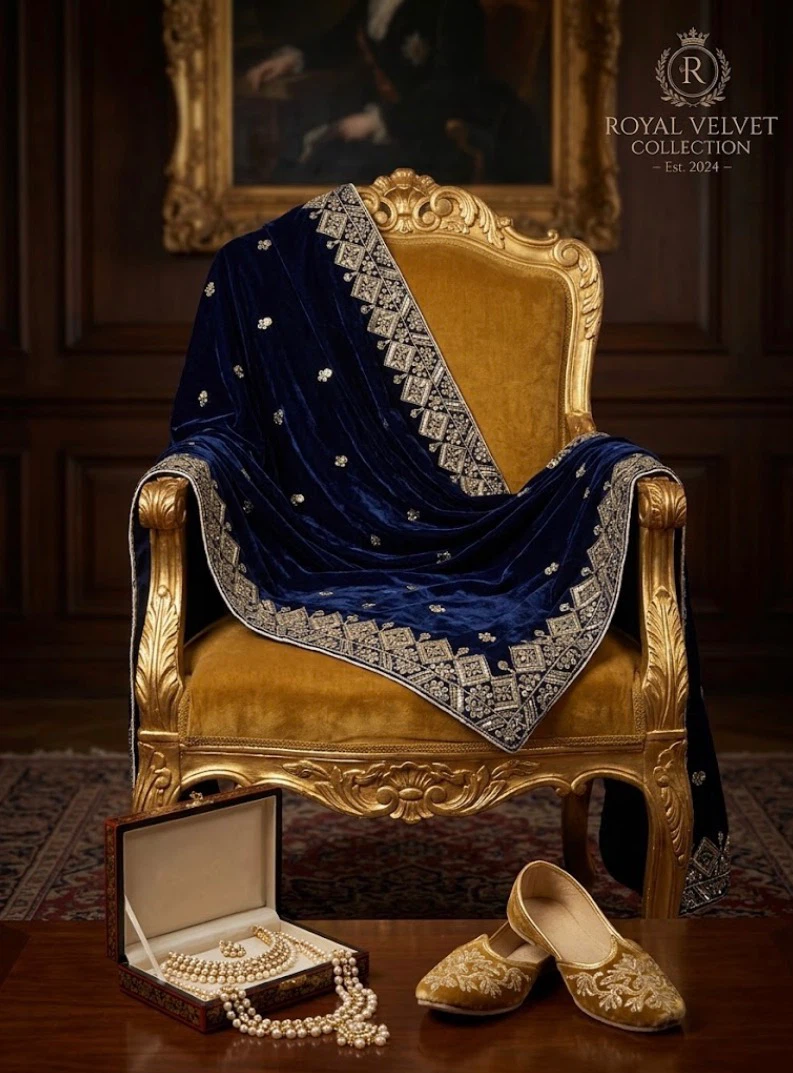 Royal Velvet Collection Navy Blue Embroidered Shawl