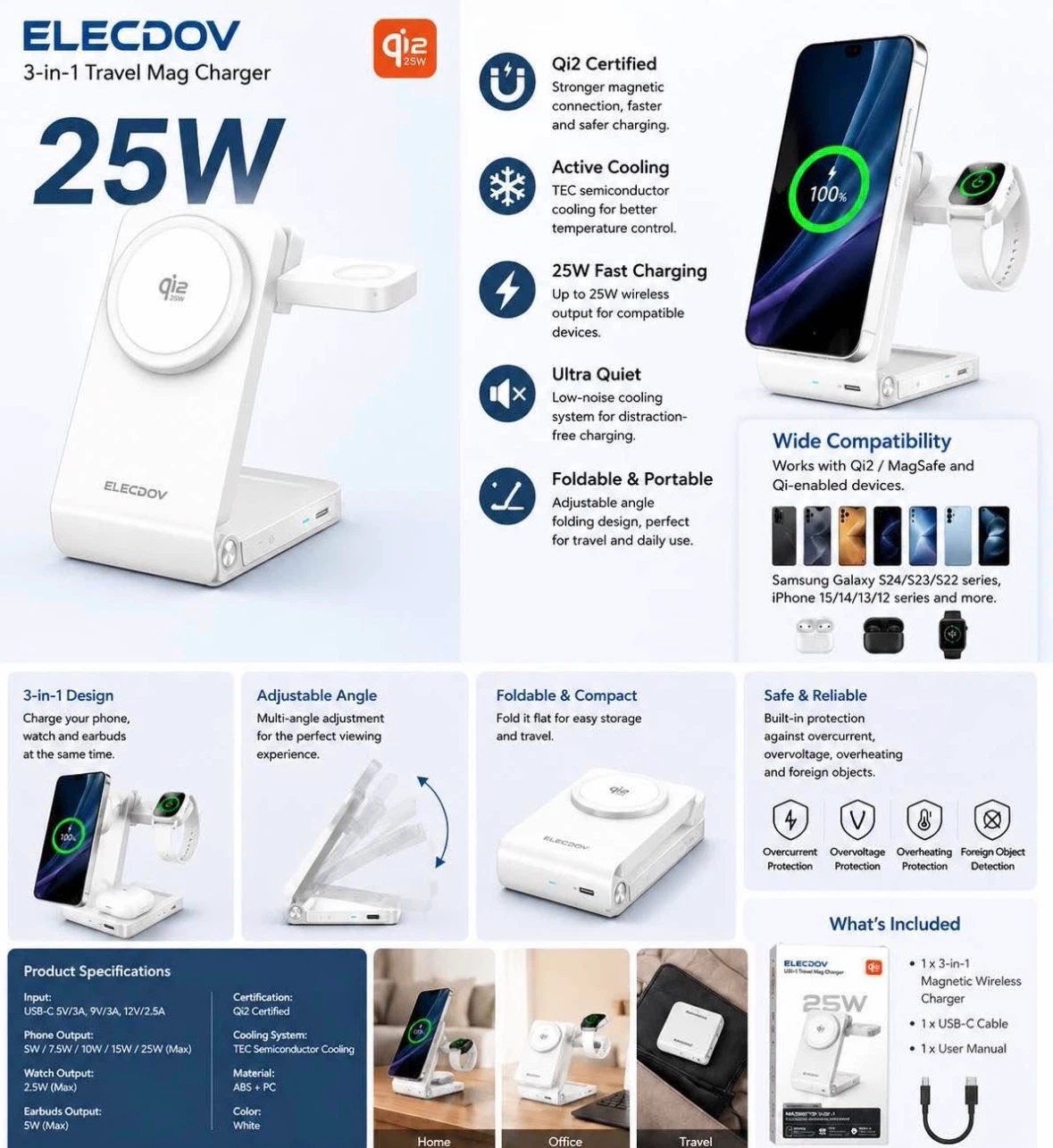 ELECDOV 3-in-1 Travel Mag Charger 25W Qi2 Certified