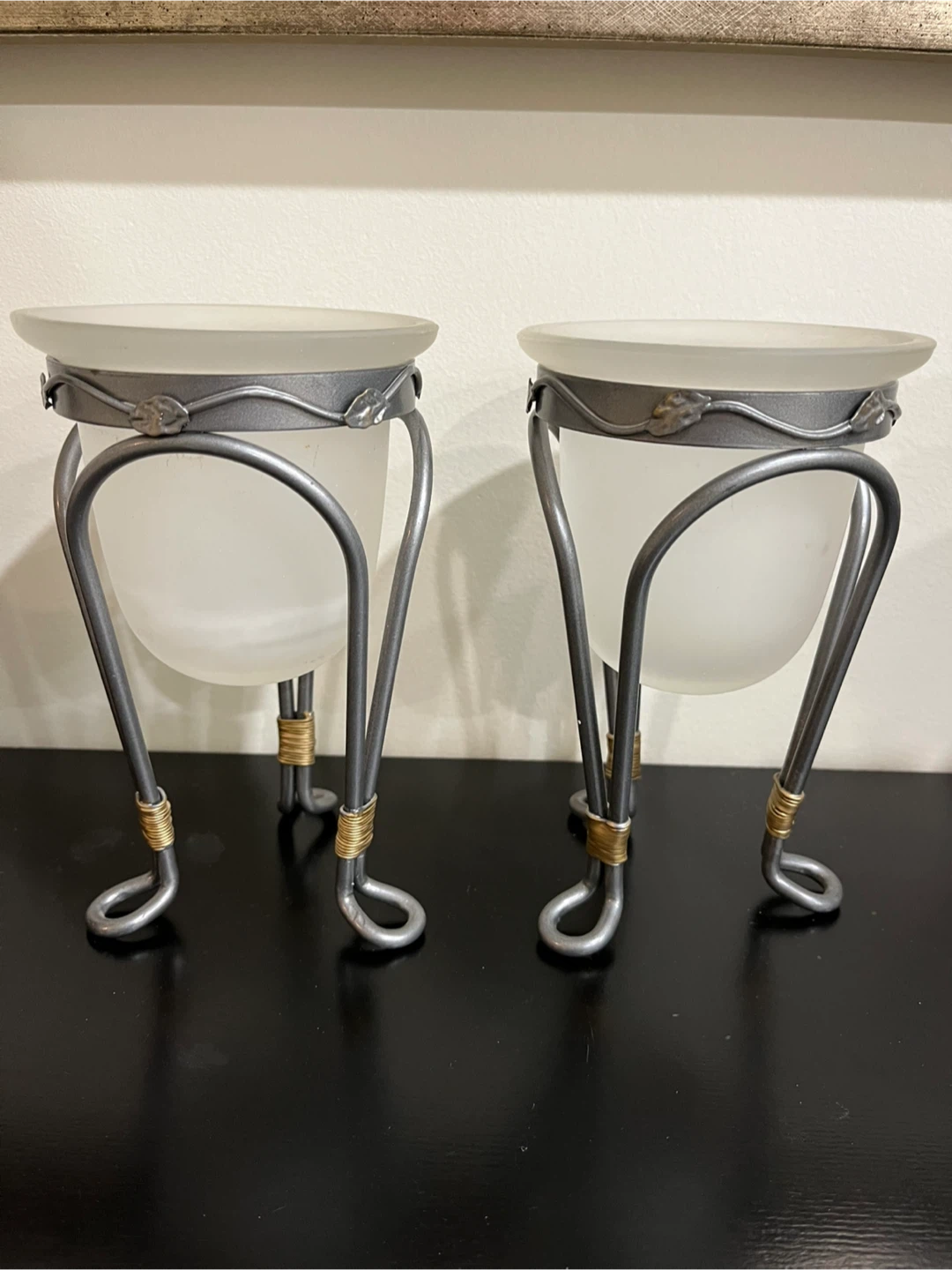 Set of 2 Frosted Glass Candle Holders with Metal Stand