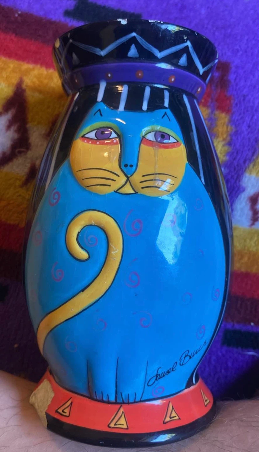Hand-Painted Blue Cat Vase by Laurel Burch