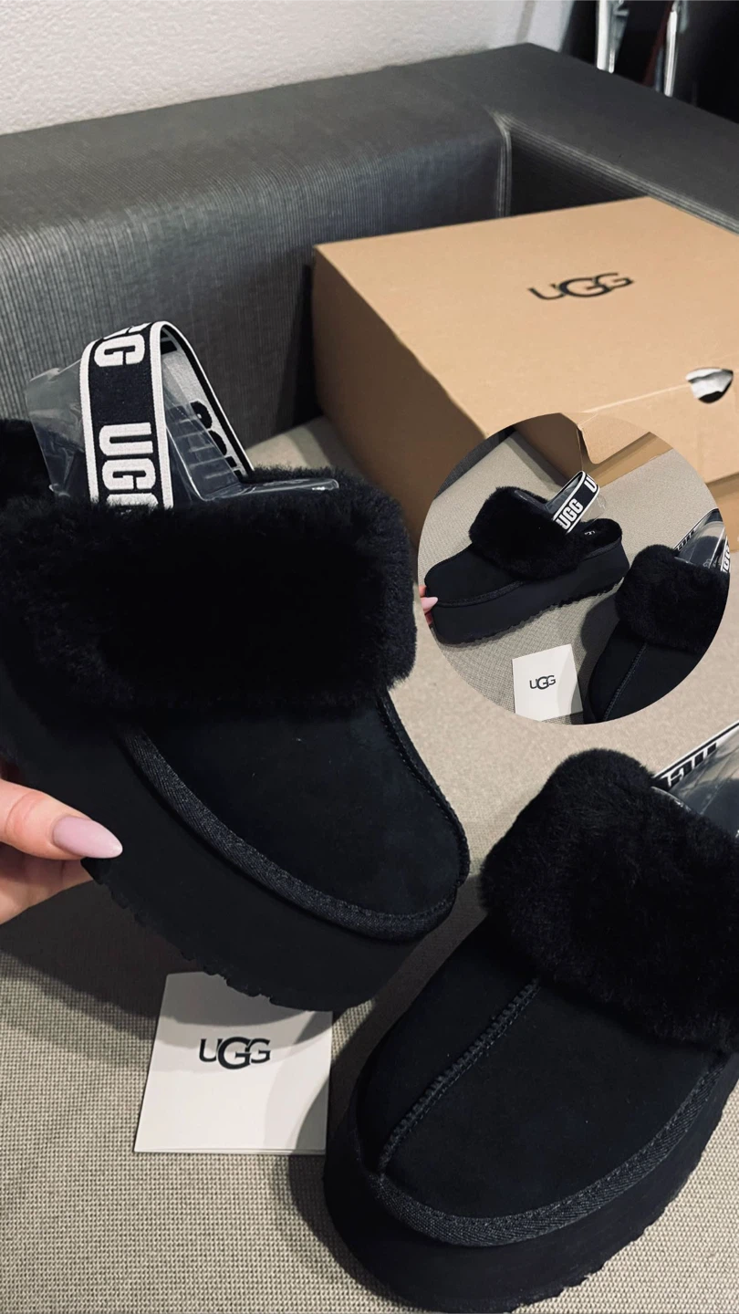 UGG Black Platform Furry Slides - Size 8