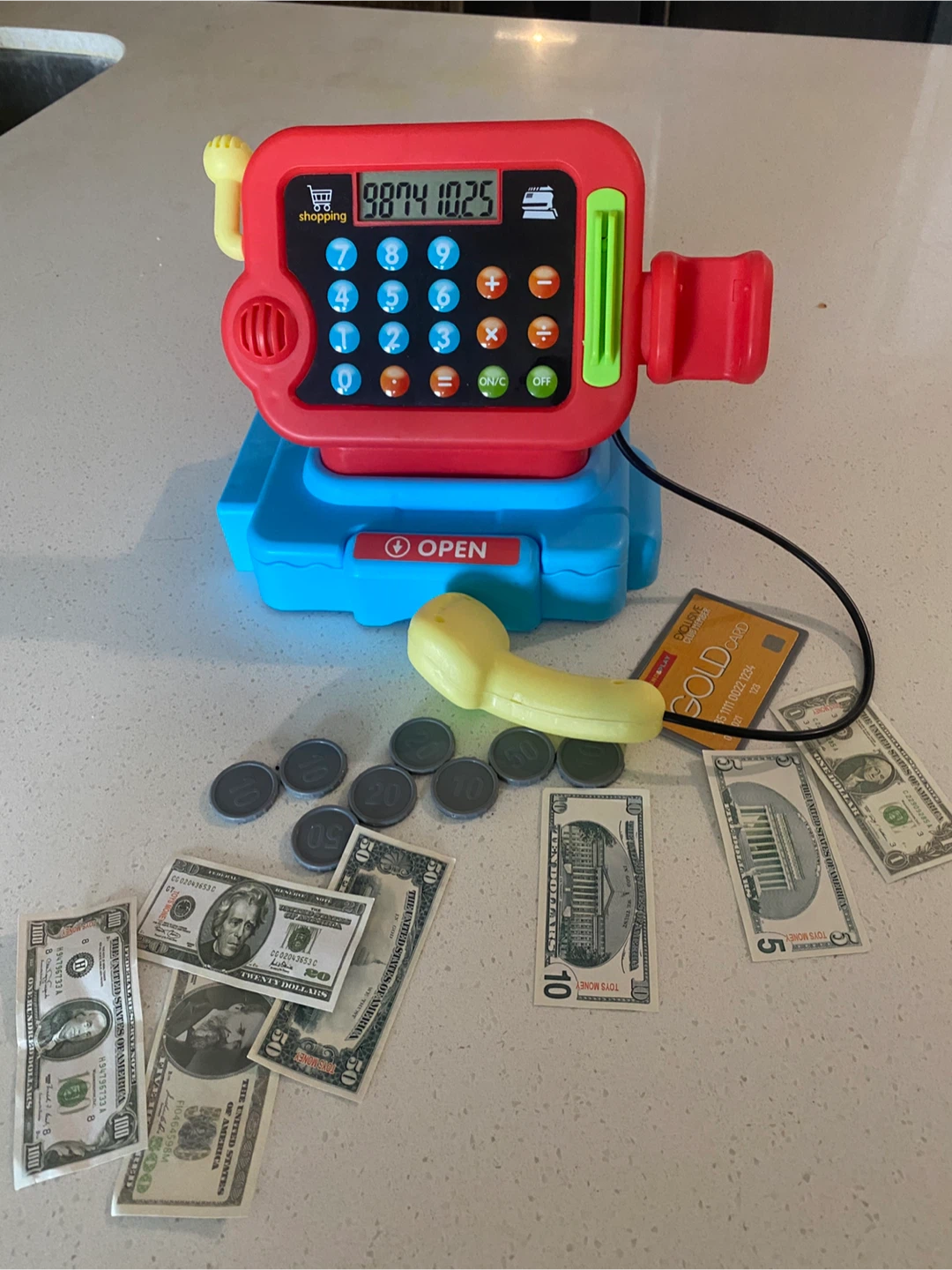 Kids Toy Cash Register with Play Money and Gold Card