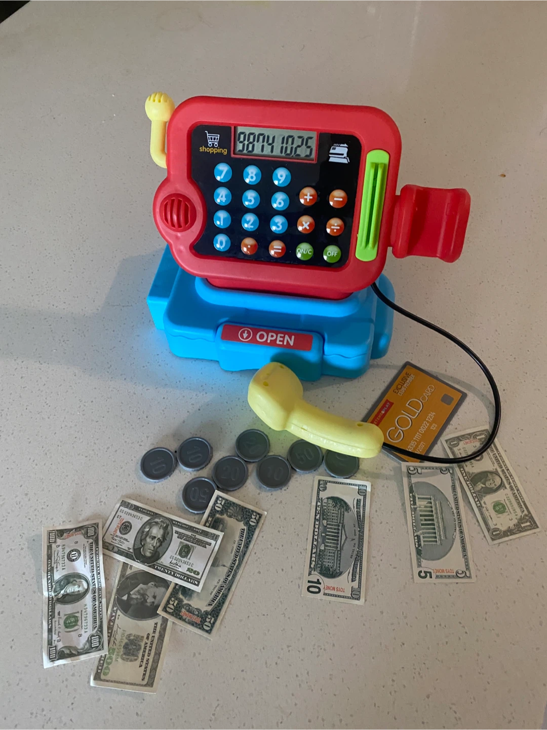 Kids Toy Cash Register with Play Money and Gold Card - photo 2