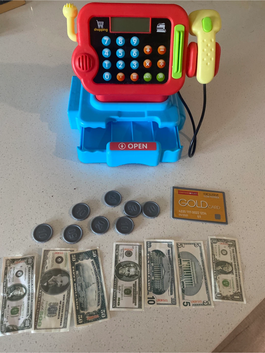 Kids Toy Cash Register with Play Money and Gold Card - photo 5