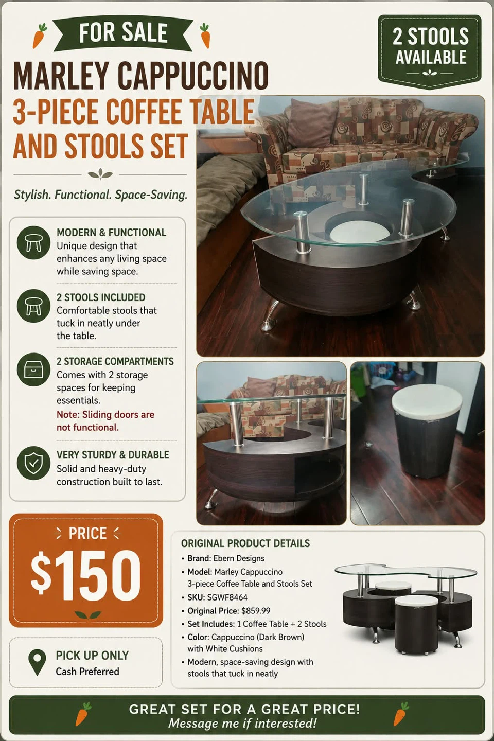 3-Piece Coffee Table and Stools Set