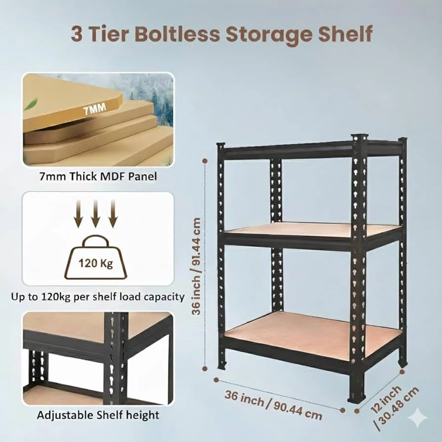 3 Tier Boltless Storage Shelf 36" x 12"
