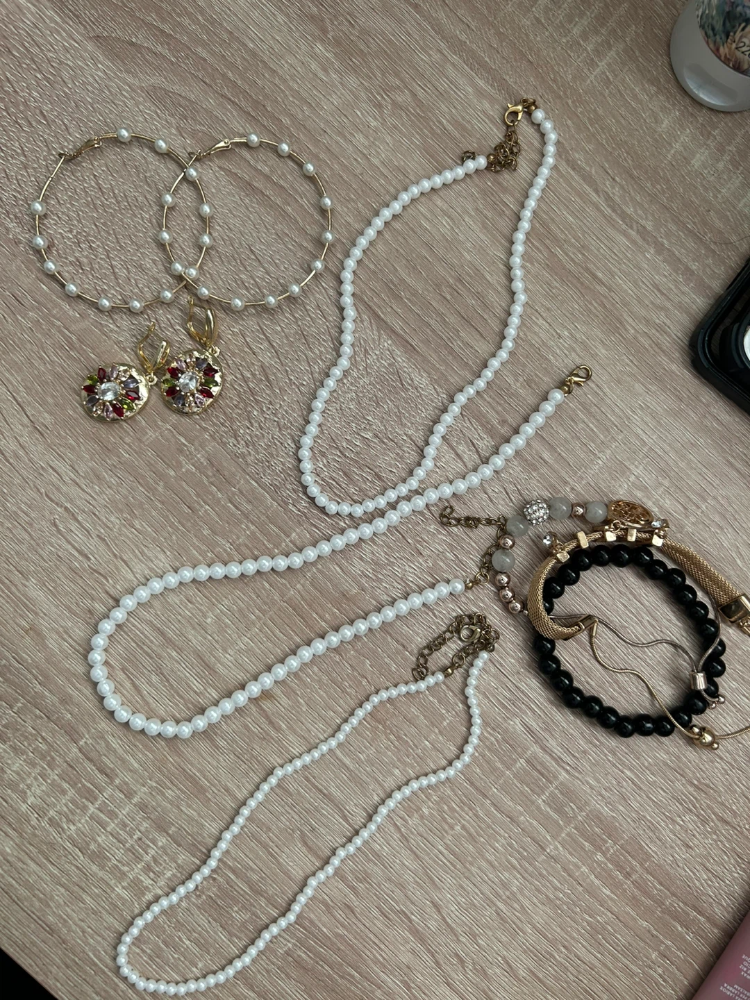 Pearl Necklace, Hoop Earrings & Bracelets Set