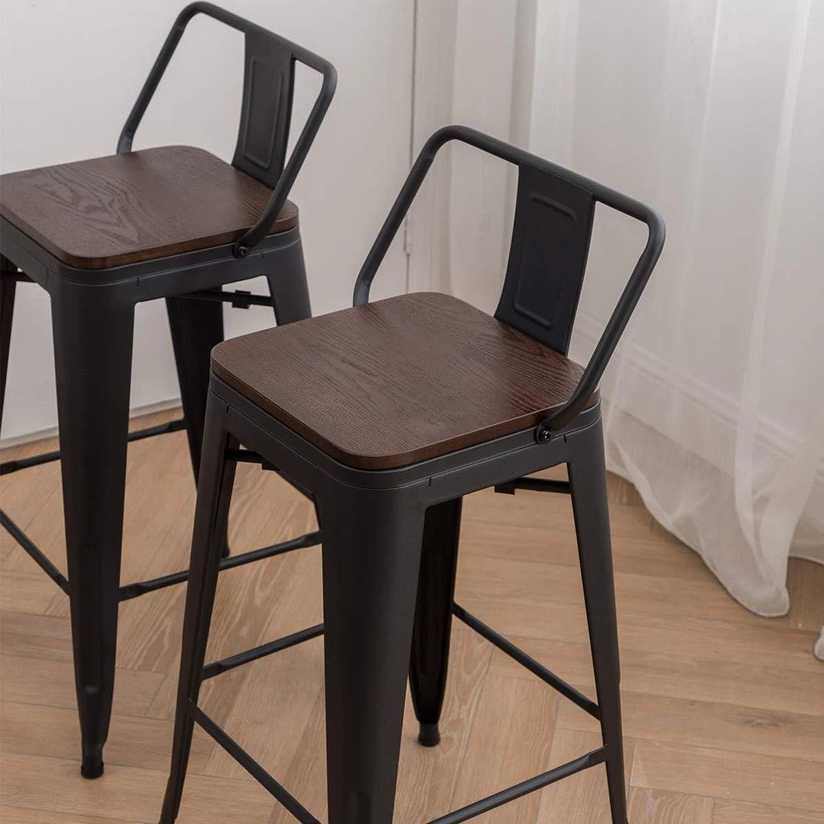 Black Metal Bar Stool with Wood Seat