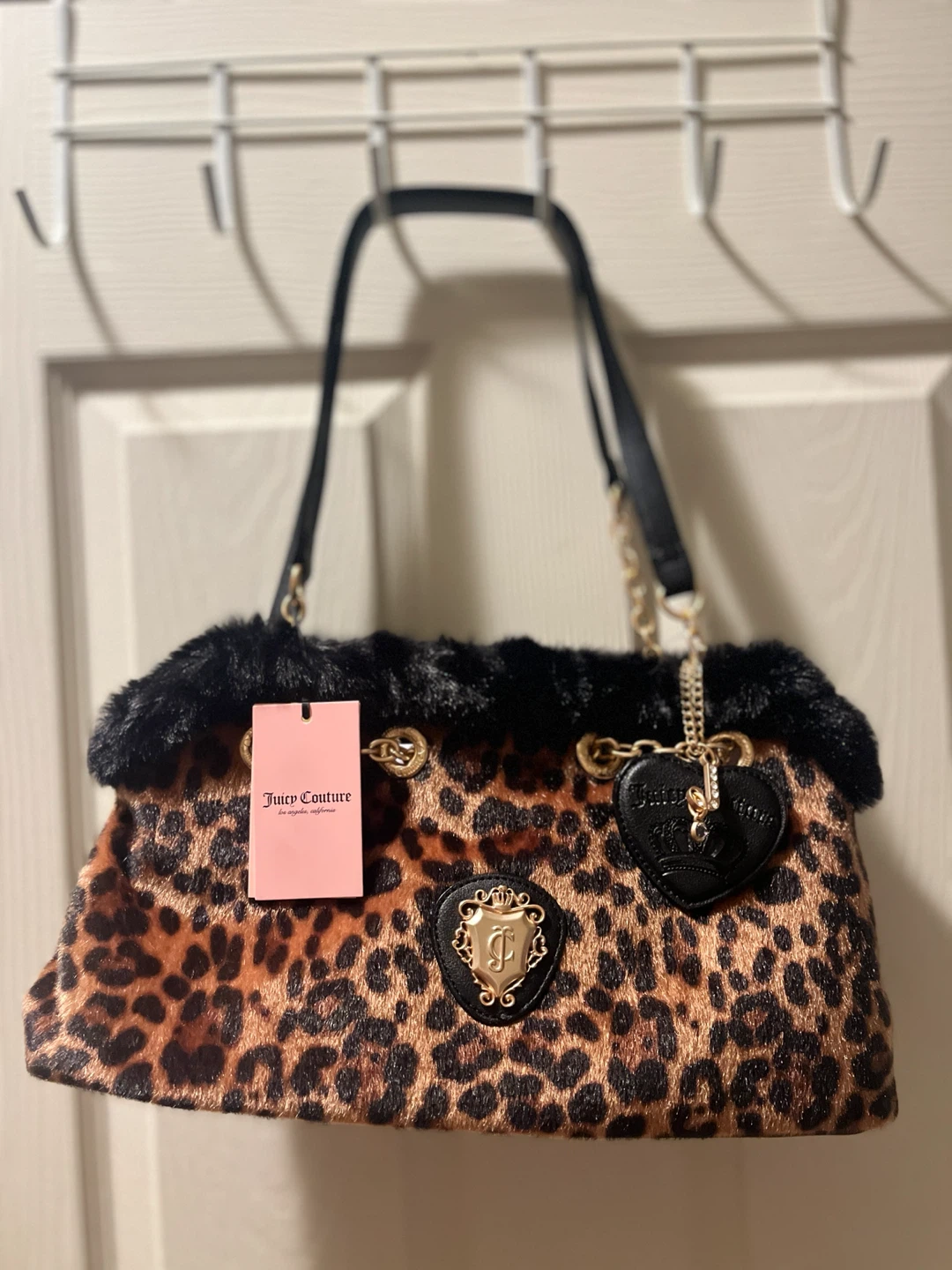 Juicy Couture Leopard Print Faux Fur Trim Satchel Bag