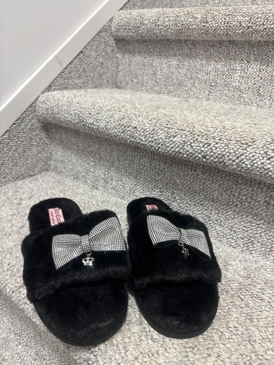 Juicy Couture Black Fuzzy Slippers with Rhinestone Bows