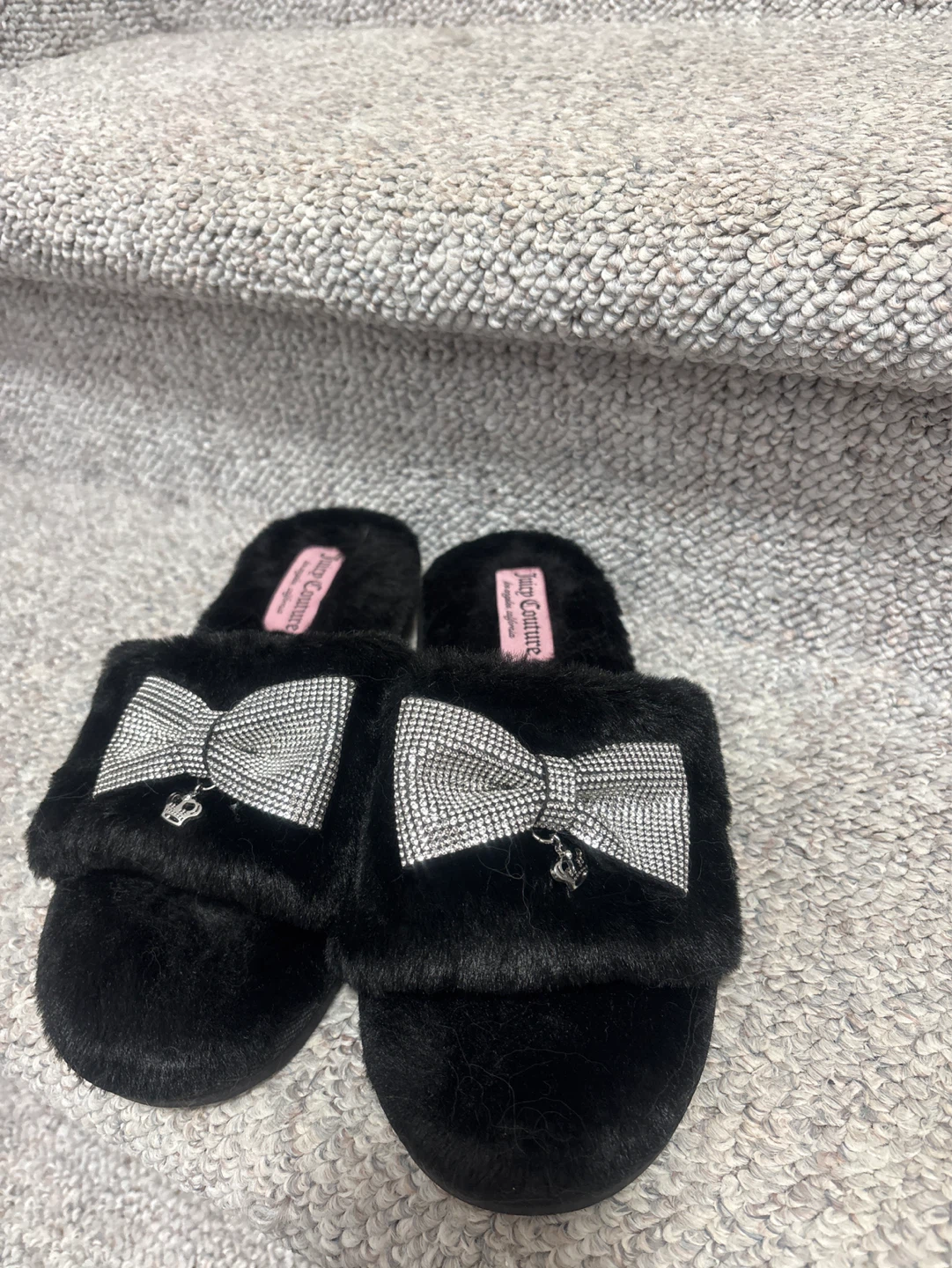Juicy Couture Black Fuzzy Slippers with Rhinestone Bows - photo 2