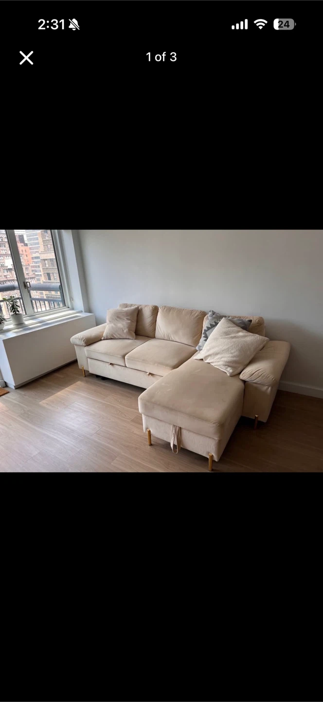 Cream Velvet Sectional Sofa with Chaise - photo 3