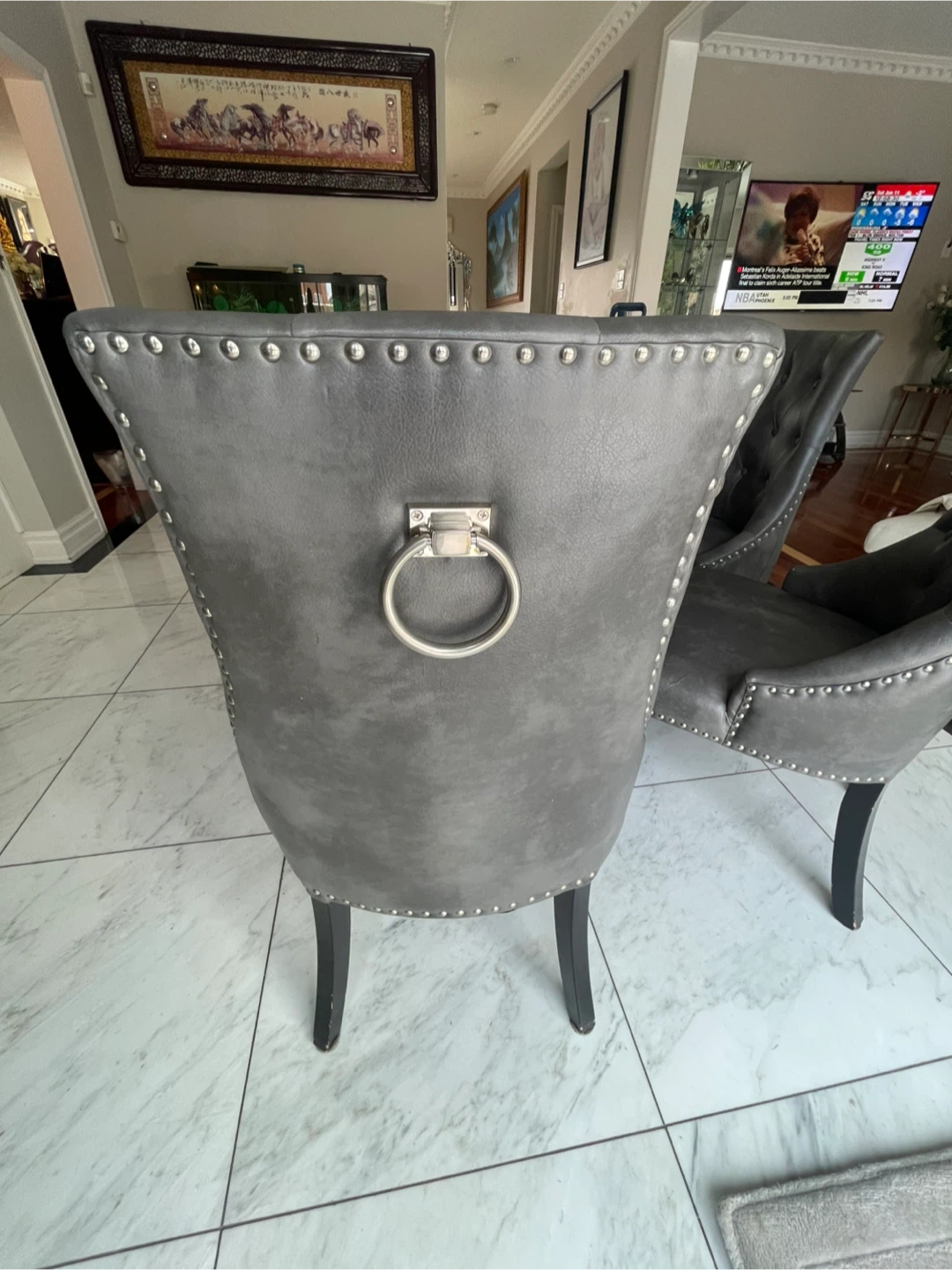 Grey Tufted Dining Chair with Silver Ring Accent - photo 2