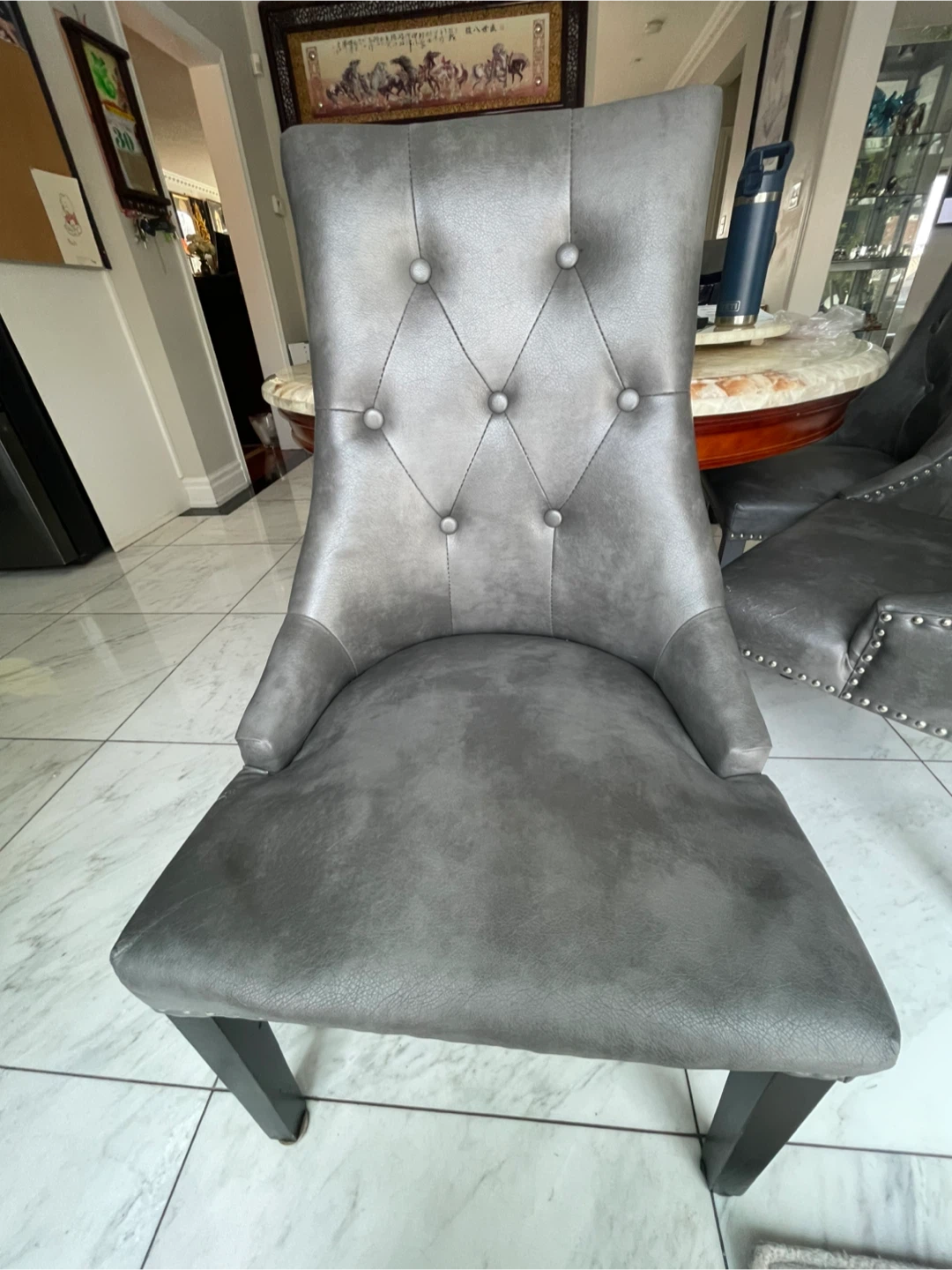 Grey Tufted Dining Chair with Silver Ring Accent - photo 4