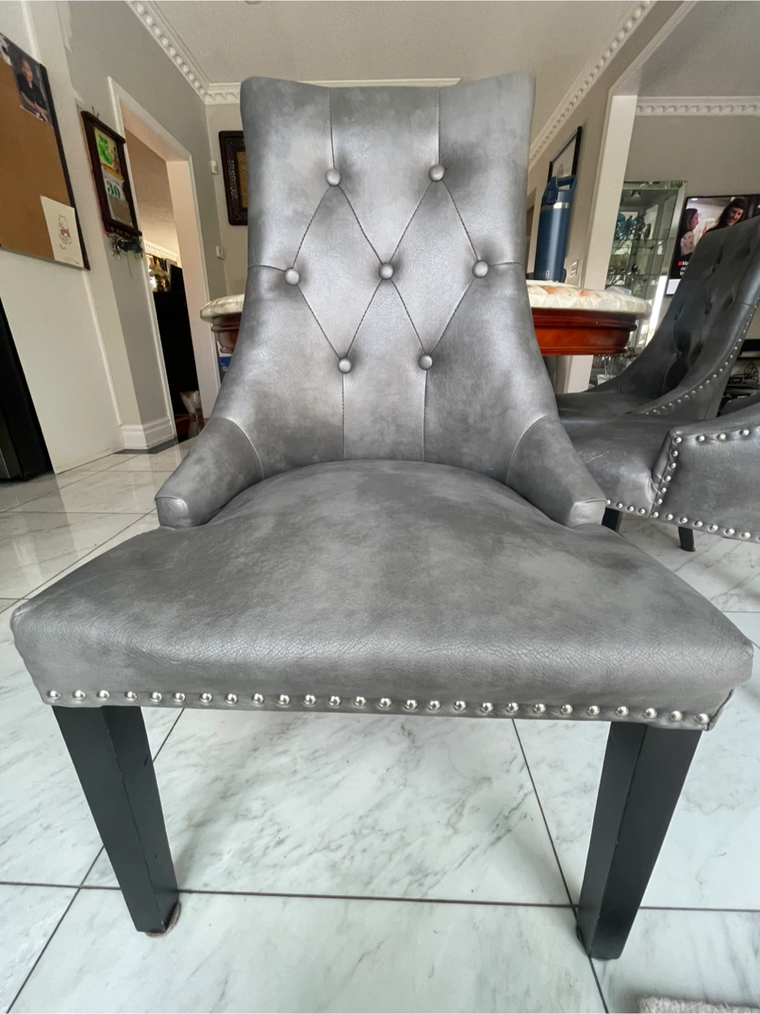 Grey Tufted Dining Chair with Silver Ring Accent - photo 5
