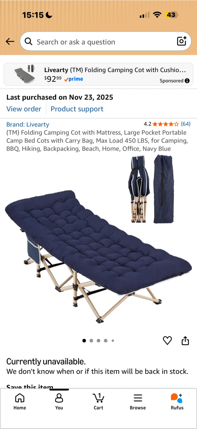 Livearty Folding Camping Cot with Mattress Navy Blue