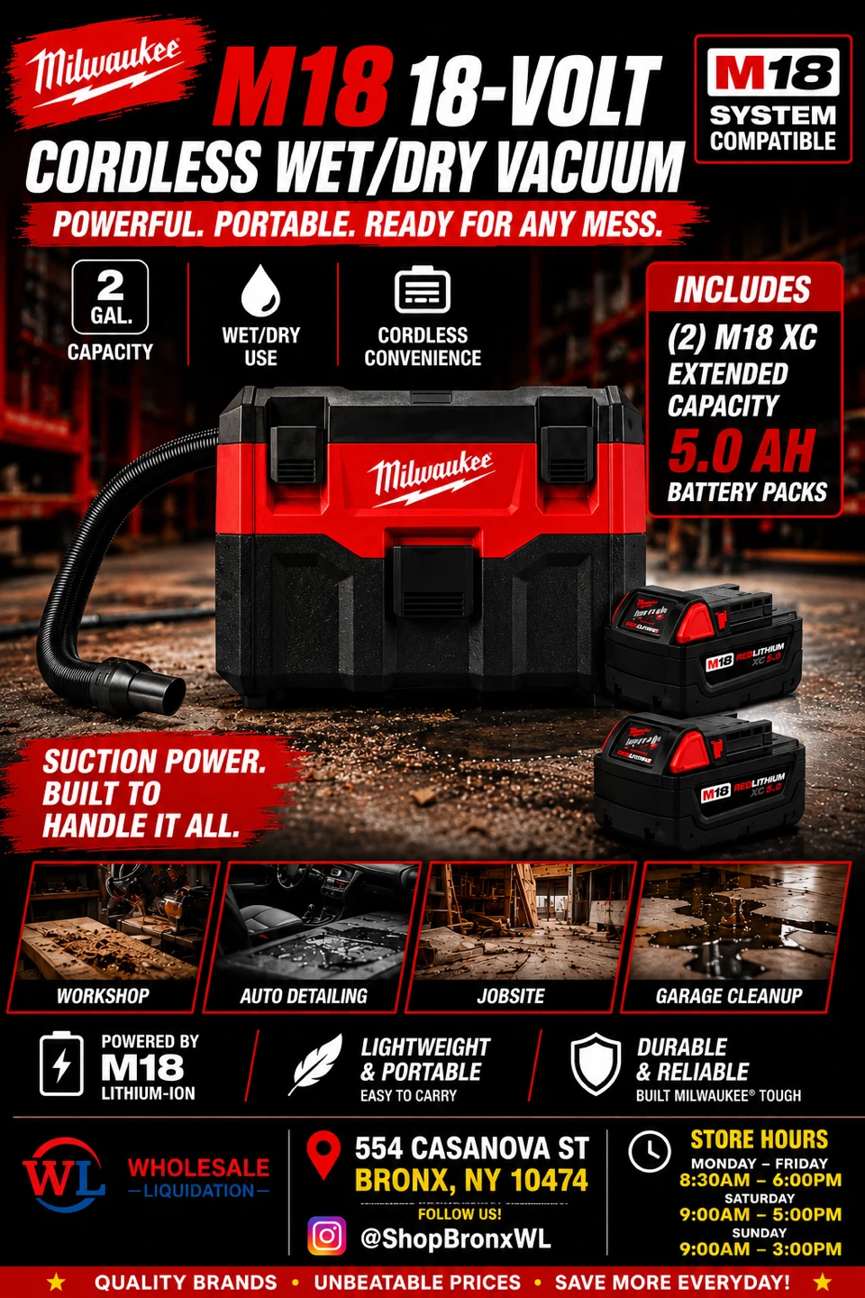 Milwaukee M18 18-Volt Cordless Wet/Dry Vacuum with 2 Batteries