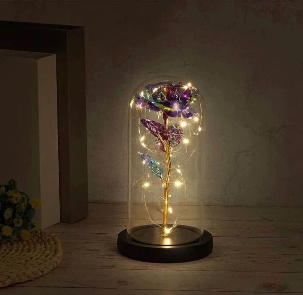 Rose Flower in Glass Dome, Crystal Flower Gifts Display with LED