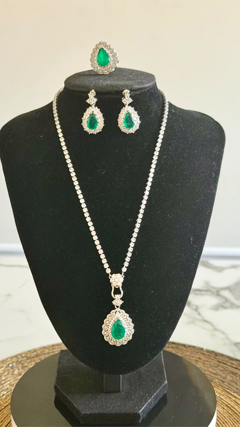 Emerald and CZ  Necklace Set