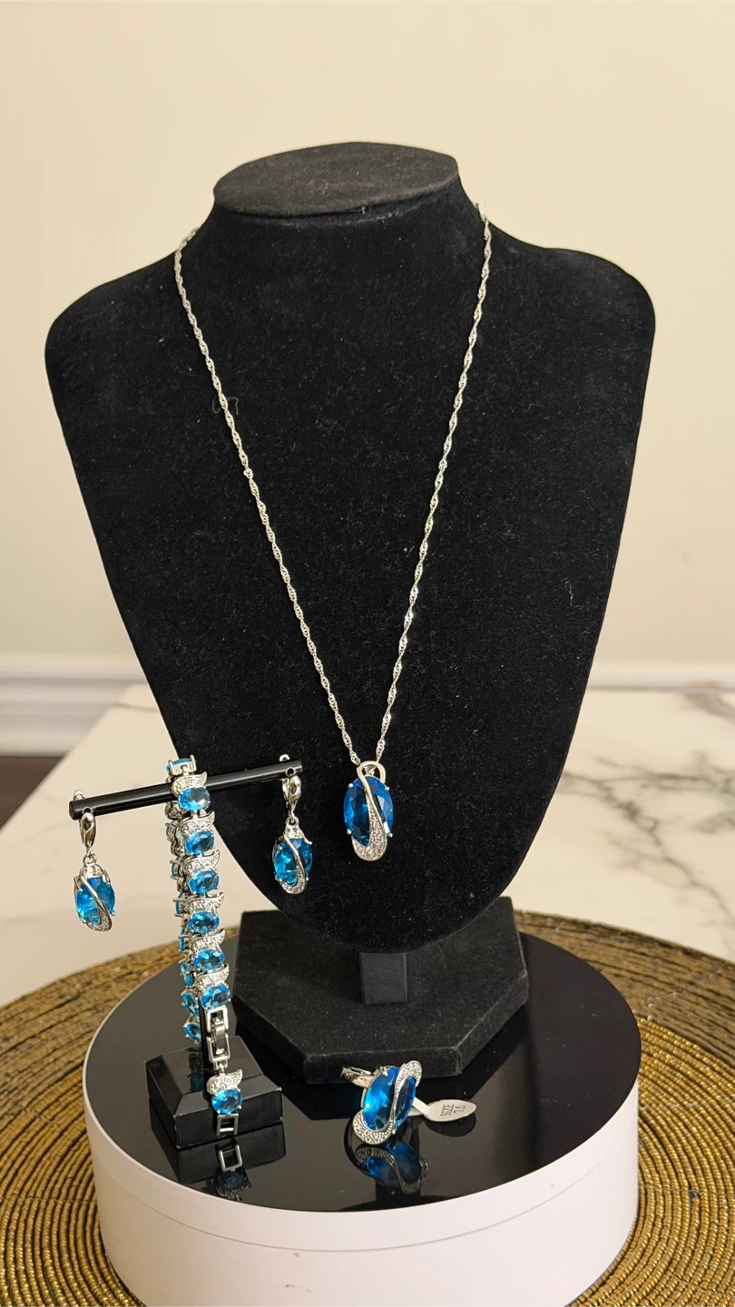 Blue Crystal Necklace, Bracelet, Earrings, and Ring Set