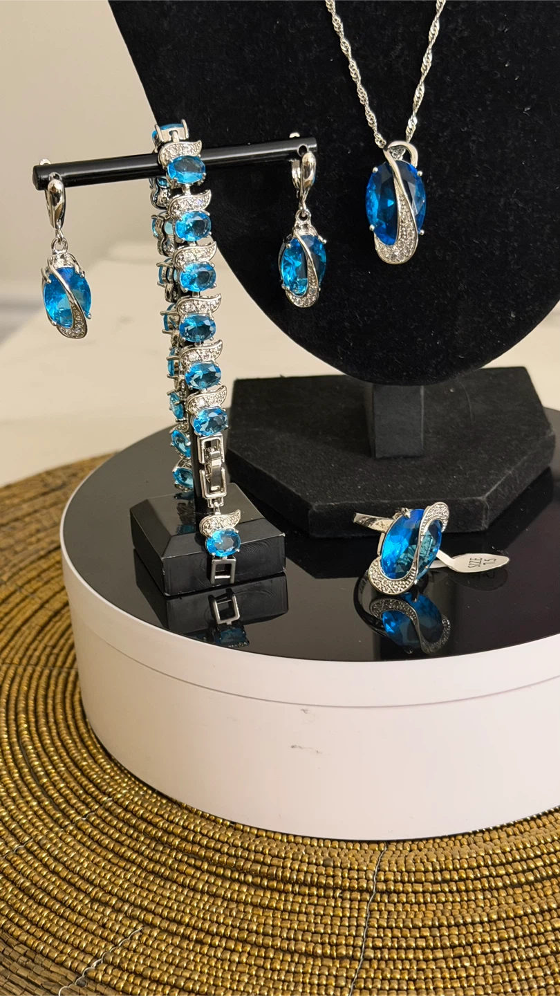 Blue Crystal Necklace, Bracelet, Earrings, and Ring Set - photo 2