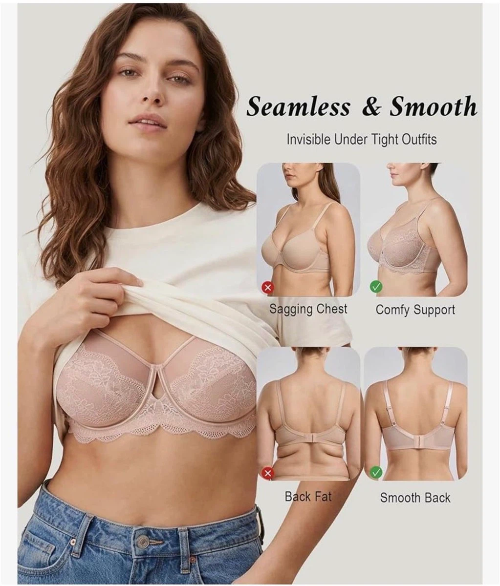 Women's Lace Bra Size:32 DD Unlined Comfort, Mesh Sheer Lace