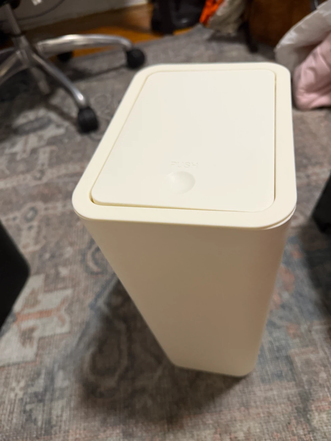 Cream Colored Trash Can with Push Lid