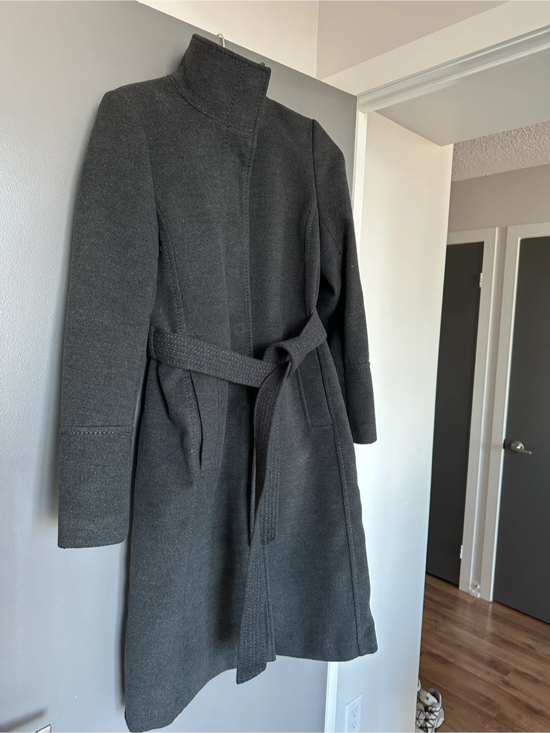 H&M Dark Grey High-Collar Belted Coat Size US 6 / EUR 38