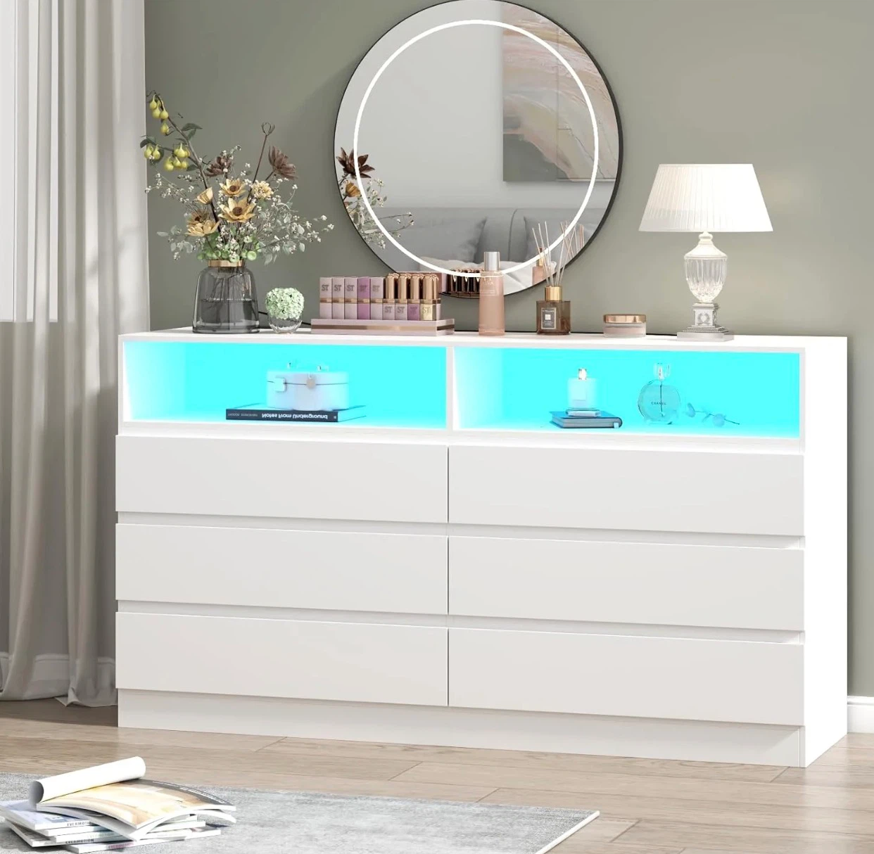 White 6-Drawer Dresser with Smart App Control LED Lights