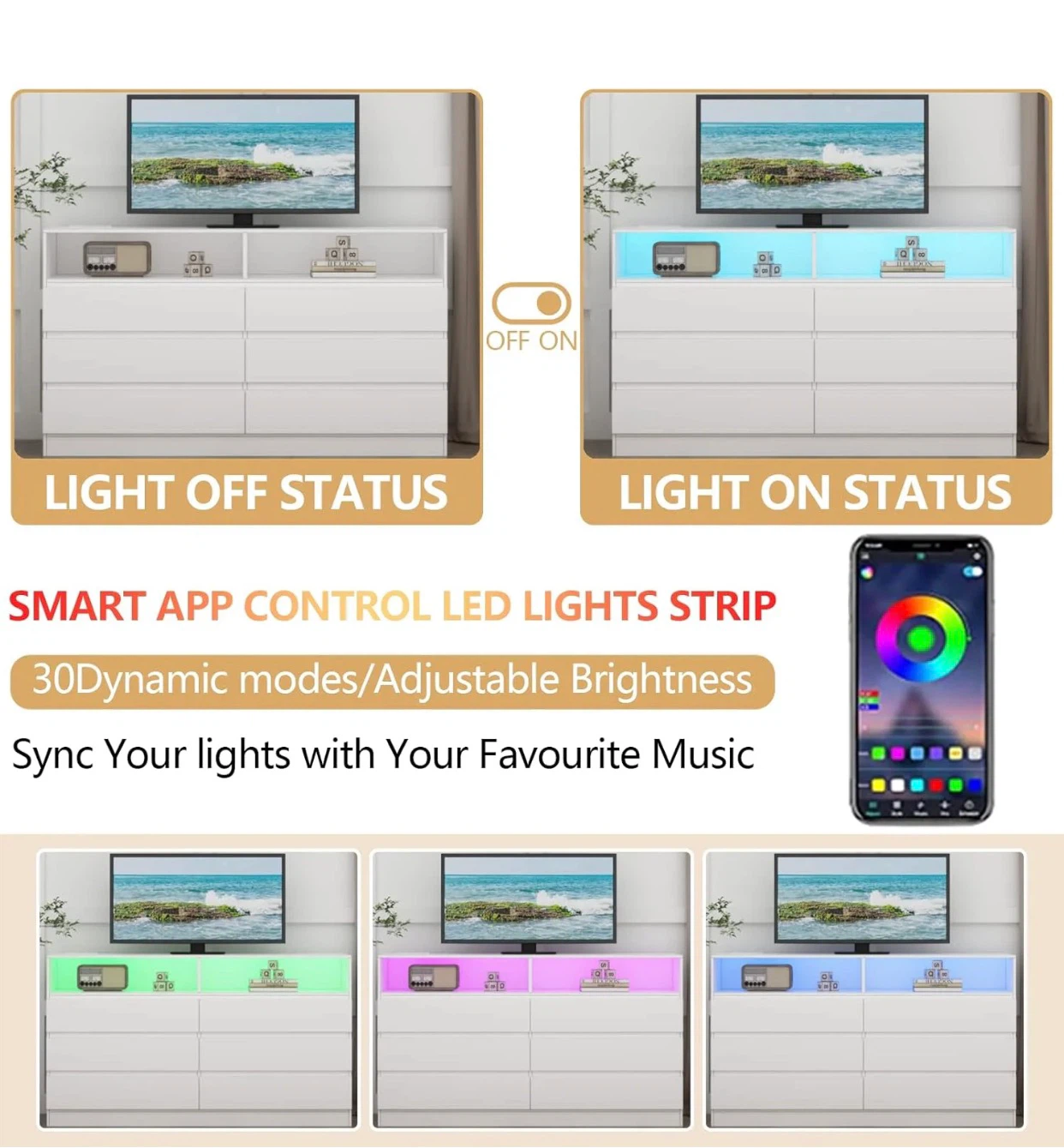 White 6-Drawer Dresser with Smart App Control LED Lights - photo 5