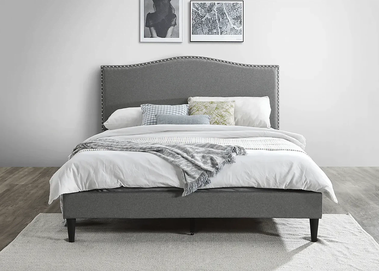 Grey Upholstered Bed Frame with Nailhead Trim