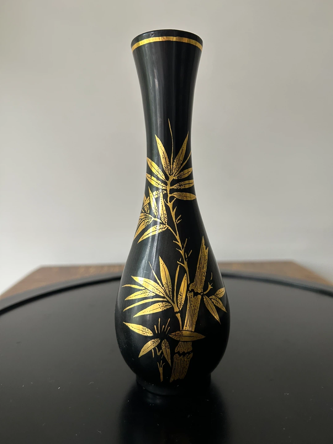 Vintage Asian Black Lacquer & Gold  Miniature Vase