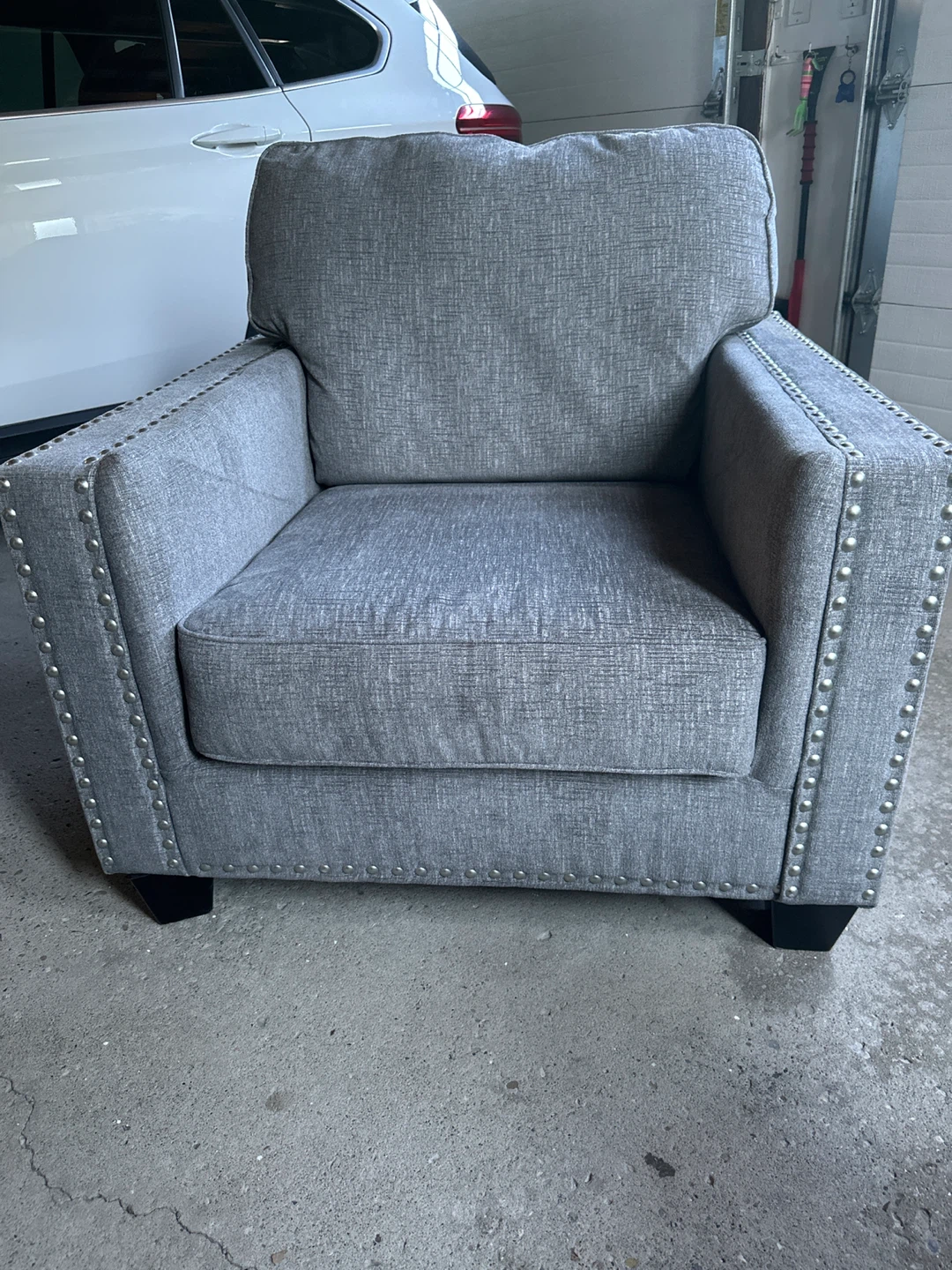 Grey Fabric Accent Chair with Nailhead Trim