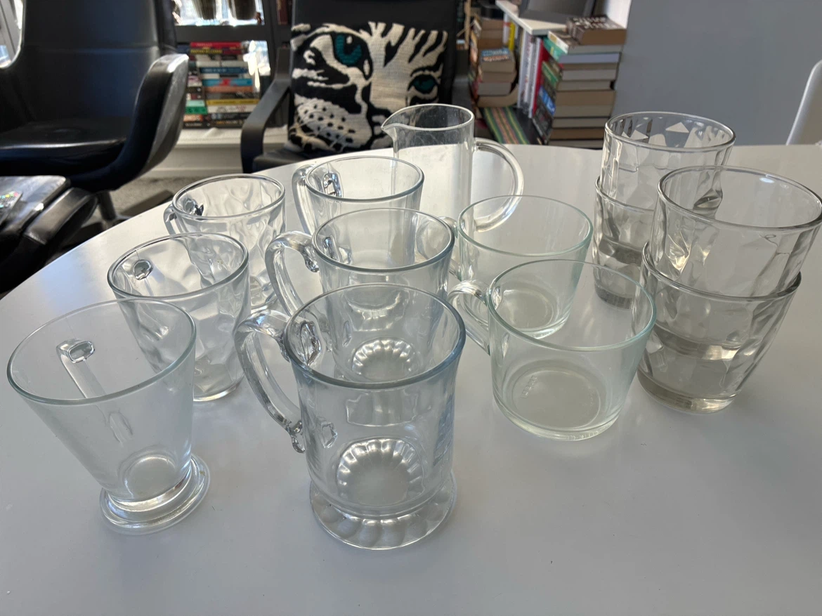 Set of 10 Glass Cups and a Pitcher