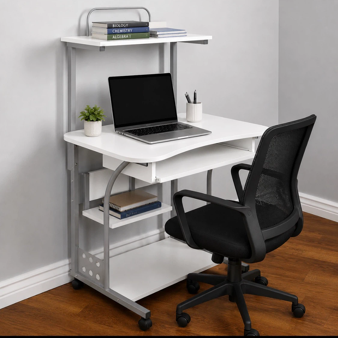 New Mobile Computer Desk With Printer Storage White