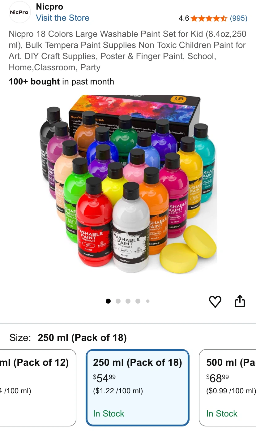 Nicpro Washable Paint Set - 18 Colours, 250ml Bottles
