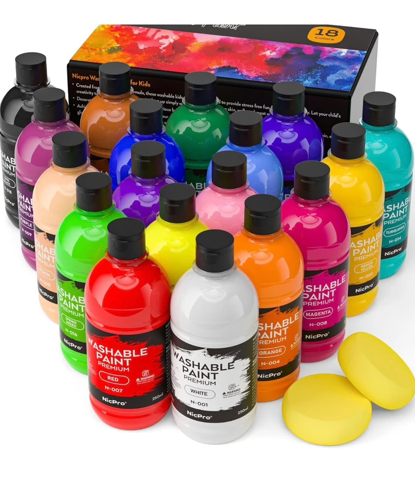 Nicpro Washable Paint Set - 18 Colours, 250ml Bottles - photo 2