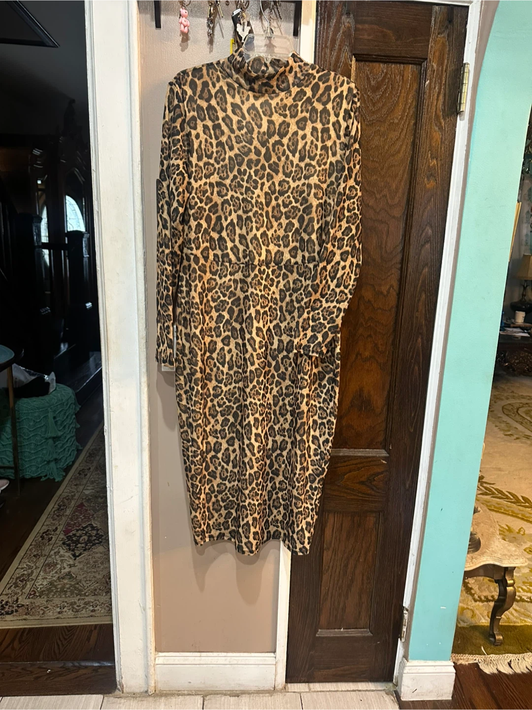 Nina Parker Leopard Print Mock Neck Long Sleeve Dress