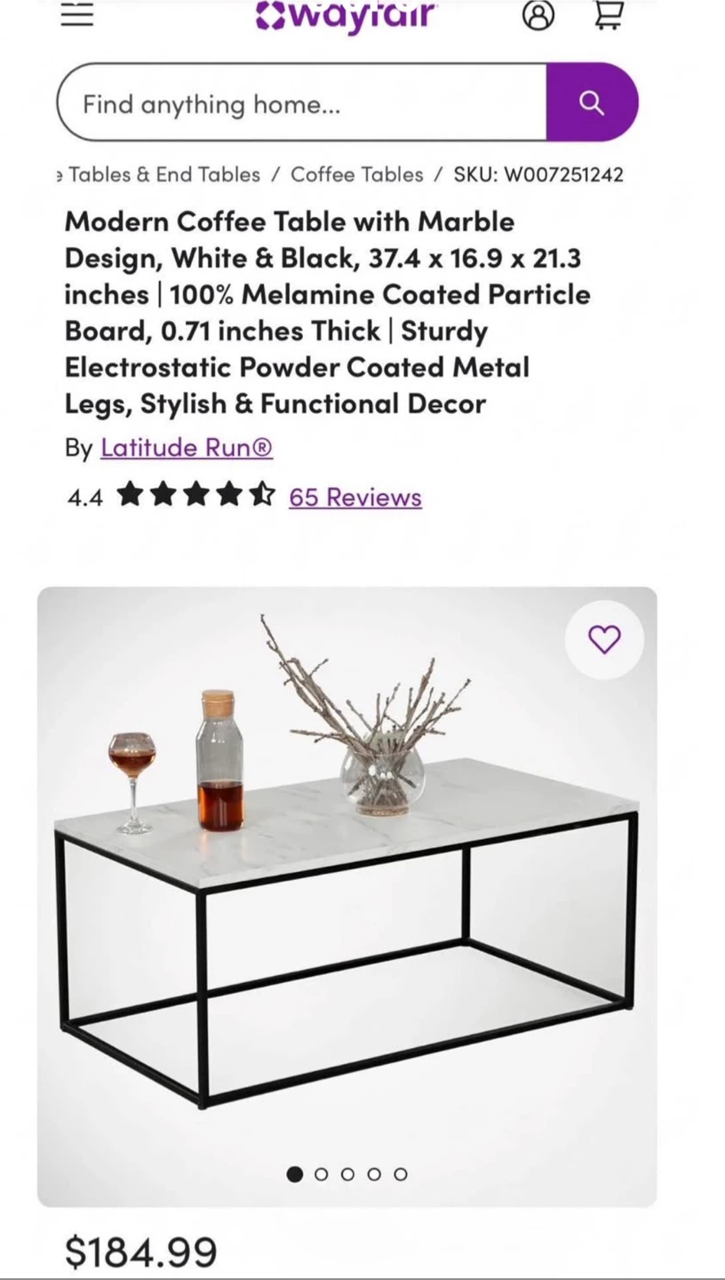 New Coffee Table with Marble Design, Modern White & Black - photo 5