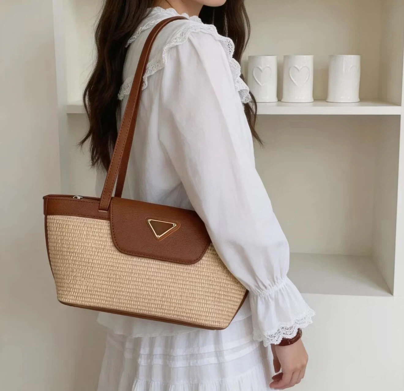 Straw and Faux Leather Tote Bag