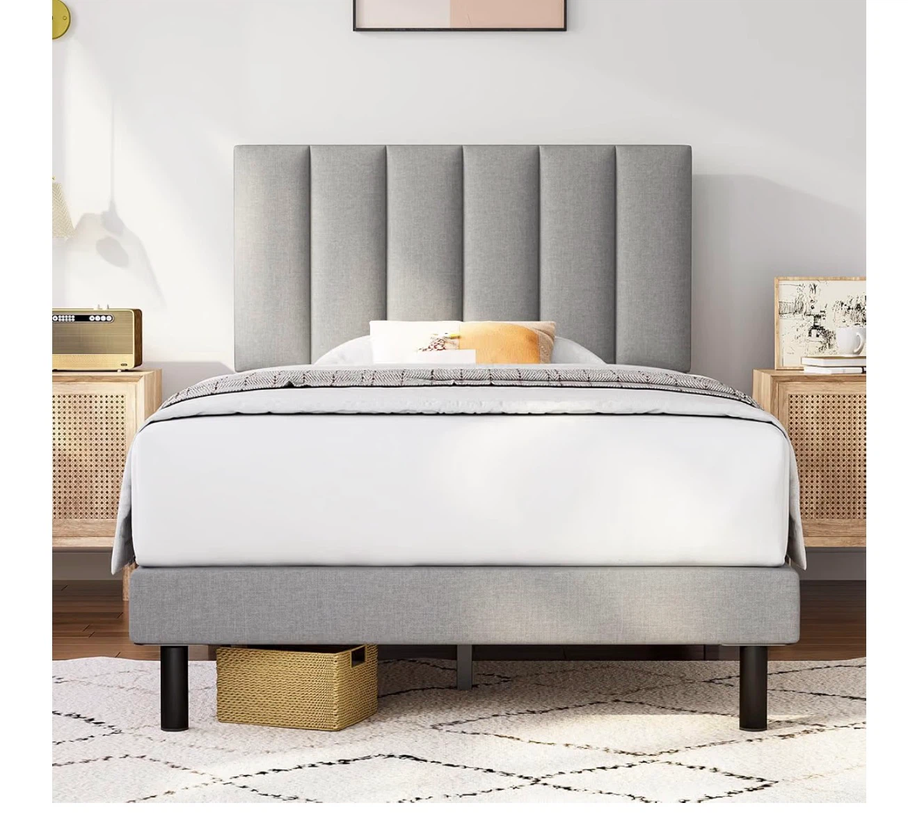 Grey Upholstered Twin Bed Frame with Vertical Channel Headboard - photo 3