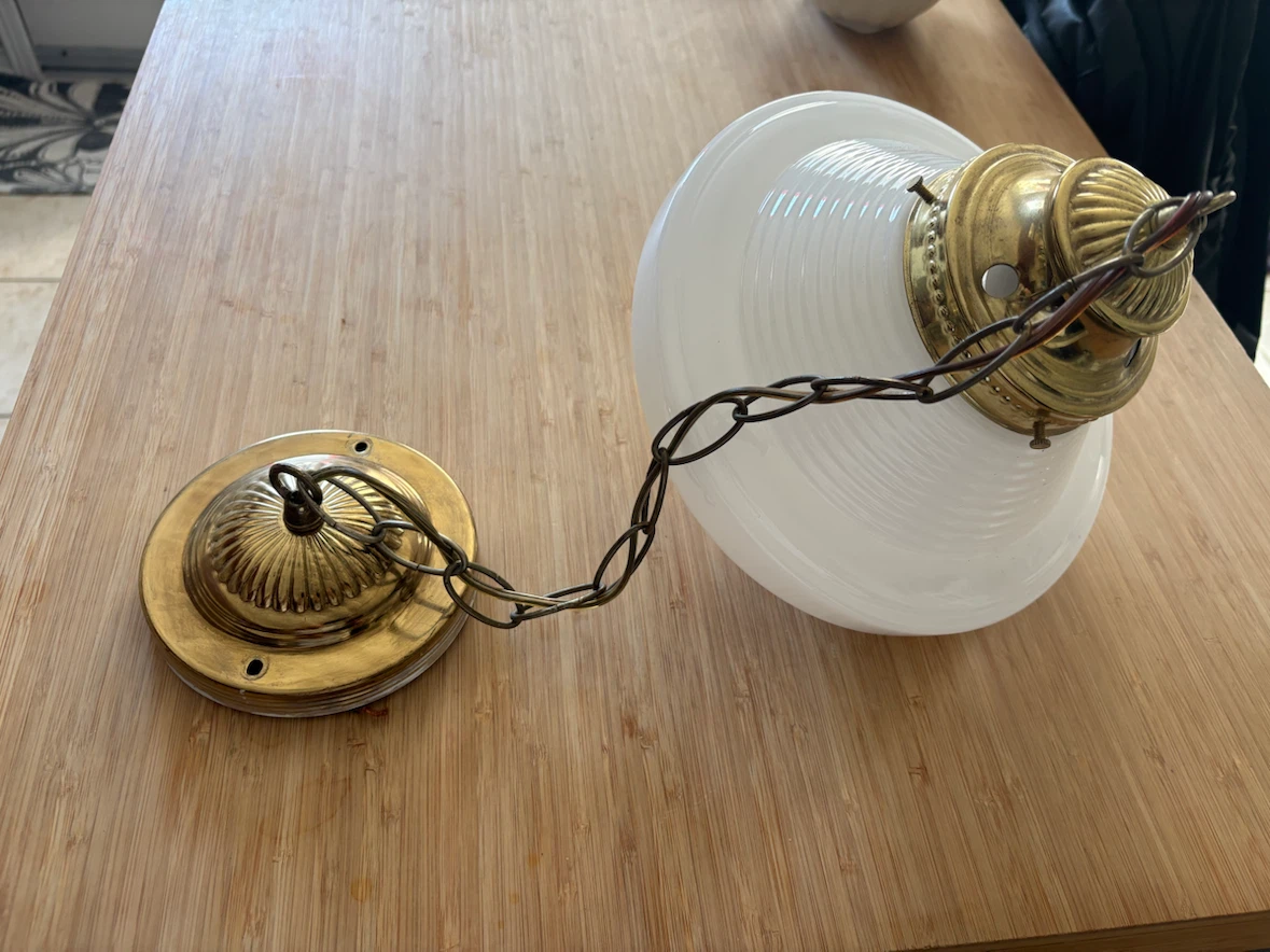 Vintage White Glass Pendant Light Fixture with Brass Chain