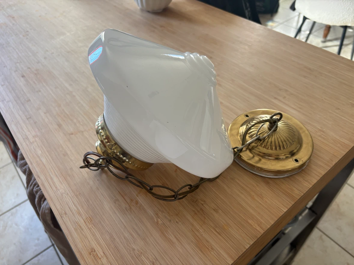 Vintage White Glass Pendant Light Fixture with Brass Chain - photo 2